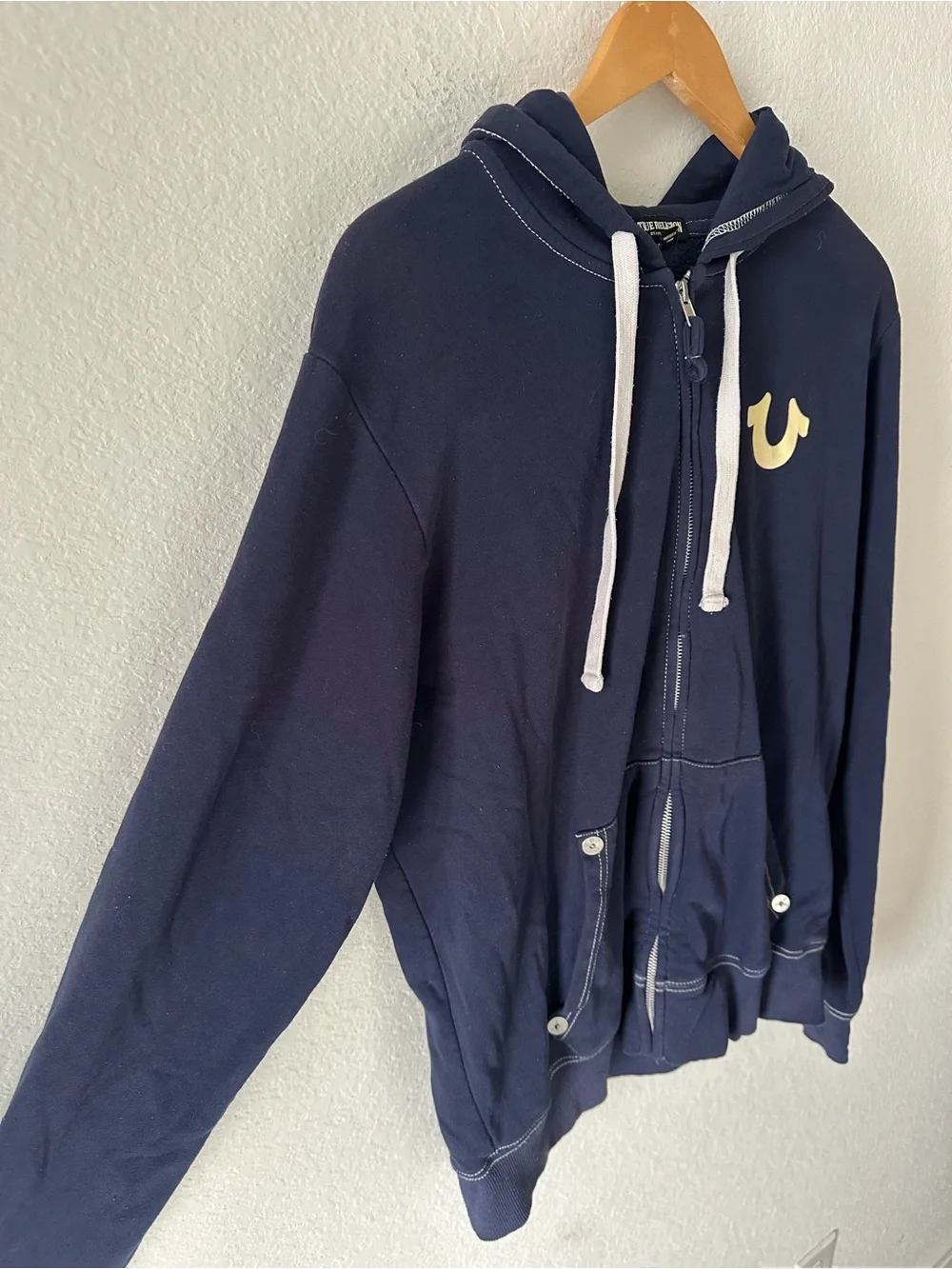 True Religion‎ Mens Navy Blue World Tour Buddha Full Zip Hoodie Horseshoe Logo L